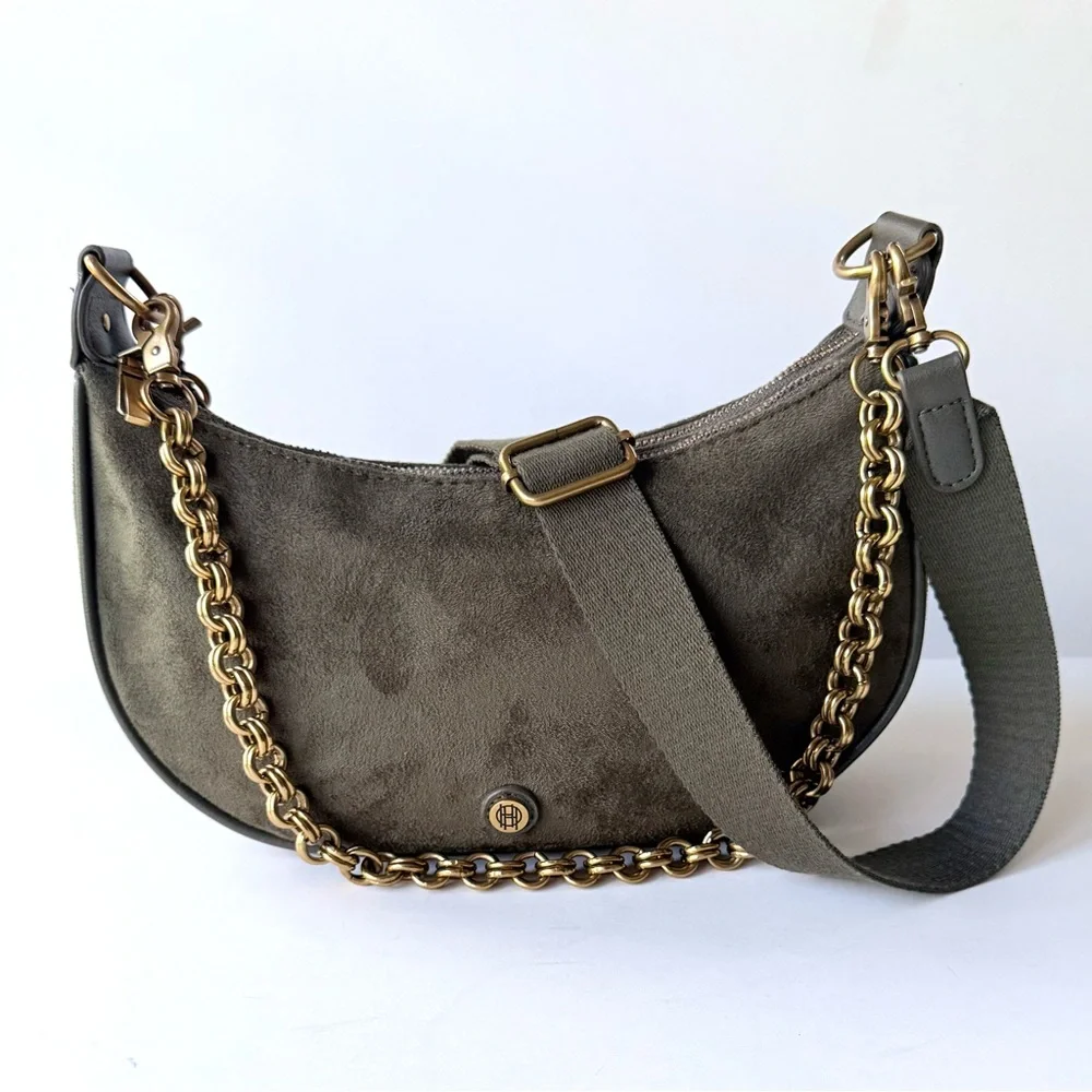 House of Harlow 1960 Valerie Crossbody Green Faux Suede Double Zip Shoulder Bag